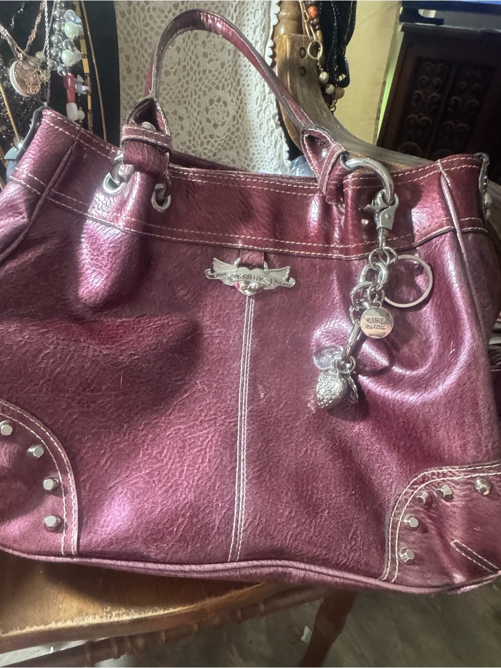 Kathy Van Zeeland y2K Metallic Plum Shoulder Tote Bag with original purse Charm